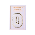 Detail showing white chenille letter O patch with gold glitter edge and peel and stick back - Letter O / White