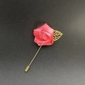 Close-up of pink satin rose brooch with golden hollow leaf and long needle pin - Watermelon red