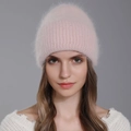 Women's pink angora rabbit fur knit hat with sequins and thick ribbed brim detail - Dusky Pink