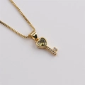 Gold-plated key necklace with heart-shaped olive green crystal and sparkling zircons - Yellow