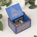 Blue wooden hand-cranked music box with Happy Birthday engraving and floral gold patterns - Sapphire Blue