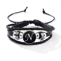 Multi-layer black leather bracelet featuring a silver metal bead and alphabet N pendant - Letter-N