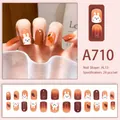 Detail of A710 press-on nails featuring cute rabbit and carrot art in orange gradient - Brown Pink Gradient Rabbit Carrot (A710) / 24 Pcs/Set
