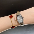 Vintage oval quartz watch with beige leather strap and red clover bracelet set - Leather Strap / Silver Case/Grey Strap