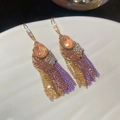 Detail of drop-shaped champagne crystal earrings with purple and gold tassel chains - 62# Ear Hook - Gold - Purple