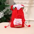 Christmas snowman drawstring gift bag in red felt with snowflake hat and green leaf decor - Christmas Red Drawstring Bag [Snowman]