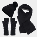 Detailed view of black knitted set featuring honeycomb texture hat, scarf, and mittens - Black
