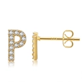 Macro detail of gold-plated brass letter P stud earring with sparkling cubic zirconia - Style P