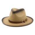 Detail of gradient woven straw fedora with brown leather band and gold horseshoe buckle - M (56-58cm) / Khaki and Black