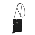 Mini black crossbody phone bag with satin texture, pearl buckle and silk tassel detail - Black