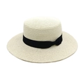 Close-up of cream boater straw hat with black grosgrain ribbon and bow detail - M (56-58cm) / Cream