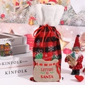 Detail of red and black buffalo plaid Christmas wine bottle cover with faux fur collar - Red and Black Plaid
