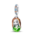 Macro detail of silver bead charm with colorful stones and Mona Lisa enamel design - W-PAC1281 Mona Lisa Painting