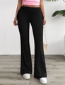Slim fit high waisted black flared trousers with ruched detail and drawstring for women - S / Black