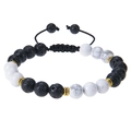 Macro detail of 8mm lava rock and white stone beads on adjustable braided bracelet - Lava Stone + White Turquoise Bracelet