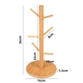 Natural wood coffee mug tree stand with 6 hooks and stable round base 36cm height - Bamboo Wooden Mug Holder