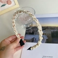 Close-up of cream white faux pearl beaded headband with twisted fabric detail - 210906 Pink
