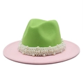 Zweifarbiger Wollfilzhut mit grüner Krone, rosa Krempe und Perlenband-Verzierung - M(56-58cm) / Fruchtgrün und Rosa