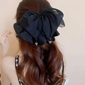 Elegant large black mesh hair bow clip with beads and crystals worn on model - 92# Claw Clip - Black Chiffon Bowknot Style