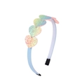 Close-up of heart-shaped sequins with iridescent rainbow finish on blue fabric headband - Blue Tone Gradient Heart