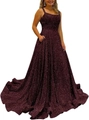 Deep red sequined A-line prom dress with thin spaghetti straps and a shimmering finish - US size 2 (S) / Tops / Burgundy
