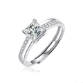 Close-up of square moissanite ring with polished silver finish and sparkling accents - Adjustable Open / Princess Cut Style (R11554-6.5mm/1 Carat)