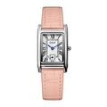 Détail du boîtier de montre rectangulaire argenté avec bracelet rose et aiguilles bleues - Bracelet Rose Boîtier Argenté Cadran Blanc