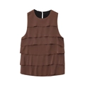 Braune ärmellose Bluse mit Volant-Schichten und seidiger Satin-Textur in Flachlegung - XS / Kaffeebraun