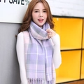 Thick checkered scarf in purple and pink with tassels for winter warmth - Purple