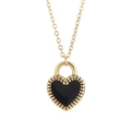 Golden heart-shaped lock necklace with black enamel inlay and delicate gold O-chain link - Gold Black Heart Necklace (KN232646-Z)