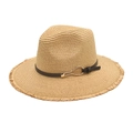 Unisex straw sun hat with brown leather band, gold buckle and frayed edges on white background - M (56-58cm) / Khaki