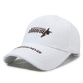 White cotton baseball cap with brown Never Say Never embroidery in a 45-degree side view - Adjustable / White