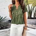 Green floral V-neck short sleeve shirt with decorative buttons and front pockets - Army Green