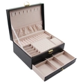 Double-layer black PU leather jewelry box with pink velvet lining and metal lock - 23*17*10cm / Black