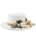 Elegant white flat top straw hat with floral ribbon and flowers for wedding and picnic - M (56-58cm) / White