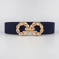 Women's dark blue elastic waist belt with a decorative pale gold interlaced buckle - Blue Gold Buckle / 75cm