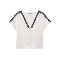 Top da donna in raso color crema con scollo a V, pizzo nero e dettagli con bottoni - XS / Tops