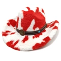 Detailed close-up of cow print felt cowboy hat with turquoise studded leather band - M (56-58cm) / Straight Crown Red