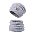 Winter heather grey knitted hat and scarf set with fleece lining and leather patch - Gray