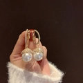 Elegant gold C-shaped hoop earrings featuring white faux pearls and sparkling zircon accents - Zirconia Pearl Drop Earring (ER21Y0183)