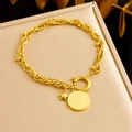 Vintage golden double chain bracelet with queen coin and star pendants in stainless steel - Coin Star Double Layer Bead Bracelet (B1520)