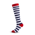 Knee-high compression socks with red, white, and navy blue stripes for sports and casual wear - Red Cuff Black White Stripes