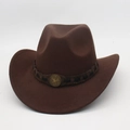 Detailed view of a brown felt cowboy hat with a metal star badge and braided band - One Size / Coffee