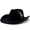 Zwarte western vilten cowboyhoed met vintage metalen badge en oranje veerdetail - M (56-58cm) / Zwart