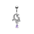 Silver crescent moon belly ring with stars and iridescent pear-shaped opal pendant - Silver Moon Star Opal