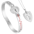 Silver stainless steel heart lock bracelet and key necklace set with red heartbeat line - Projection Heart Style / Steel