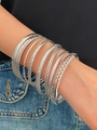 Silver alloy rhinestone bracelets set for women in trendy stackable punk and hip hop styles - Silver Hollow Carved 10-Piece Set (9089)