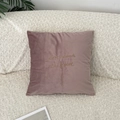 Square dusty pink velvet pillow cover with gold embroidered love rewards the brave text - Nude Pink