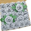 Grey artificial foam roses in brown gift box with green leaves for home decor - Gray