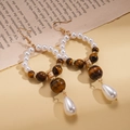 Tiger eye stone and drop pearl beaded drop earrings in vintage gold-tone finish - Ear Hook-Coffee